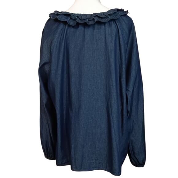 $118 NEW DRAPER JAMES Chambray Denim Peasant Top Blouse 1X Ruffle Boho Feminine - Picture 4 of 12